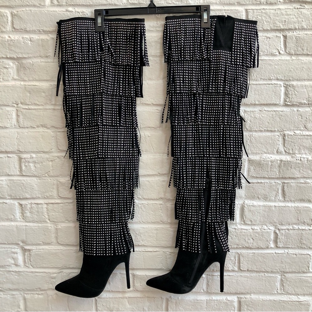 Blacksilver studs Fringe over the knee Boots Stiletto heels Faux suede leather 6 - Picture 4 of 16